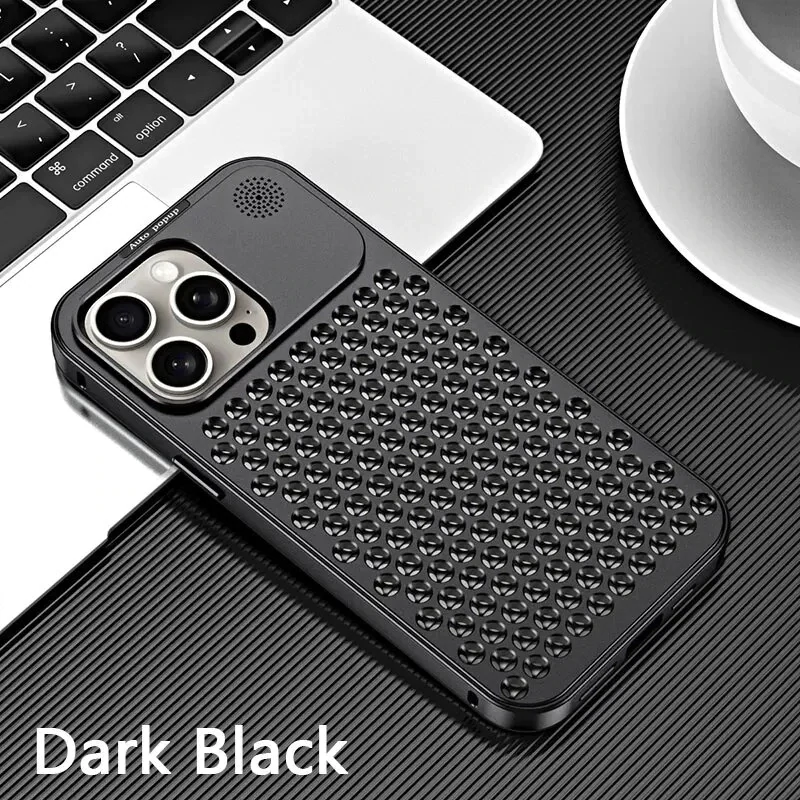 Aromatherapy Spring Buckle Aluminum Alloy Mesh Cooling iPhone Case, Color: Titanium black, Models: Apple 15promax