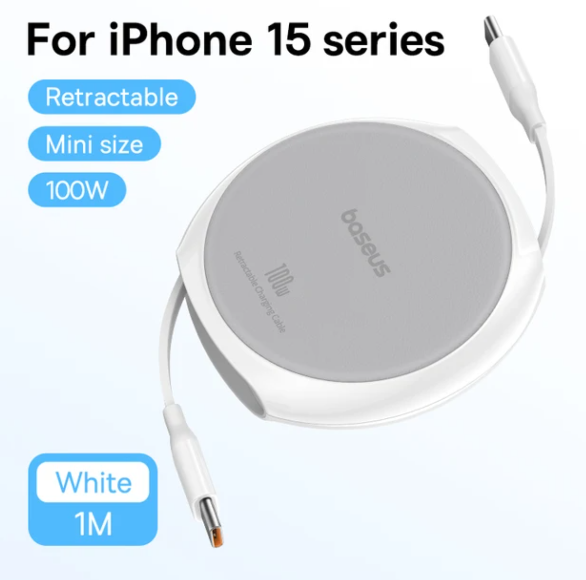 Retractable USB C Cable 100W Cable For MacBook iPad Fast Charger Cable for iPhone 15 Plus Pro Max Charger Data Wire, Color Classification: White, Length: 1m