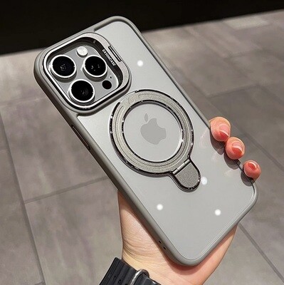 Hollow Lens Magnetic Holder Transparent  All-inclusive iPhone case, Model: iPhone 15, Color: Titanium gray