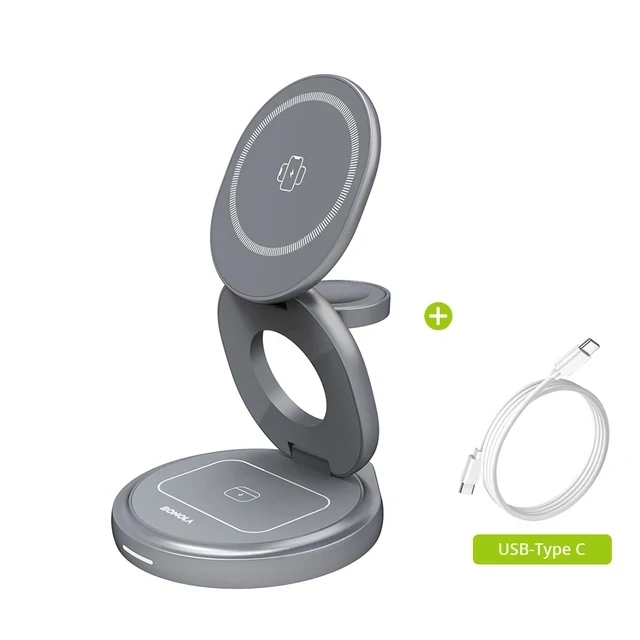 Metal 3 in 1 Wireless Charger Foldable Stand for iPhone, Color: Gray