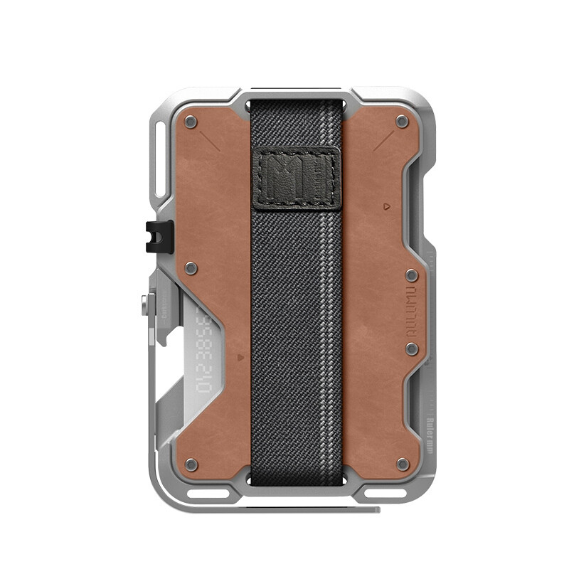 Aulumu Multi-function Suitable For Apple 15 Carbon Fiber Magsafe Magnetic Card Holder Multi-angle Bracket Portable Bag, Color Classification: Aulumu brown silver geniune leather + aluminum alloy material
