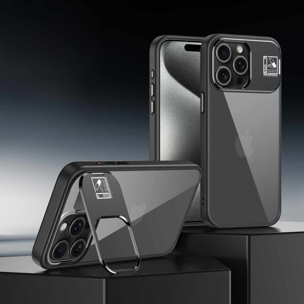 Invisible Folding Bracket Transparent Independent Buttons  iPhone case, Color: Black, Model: Apple 15promax