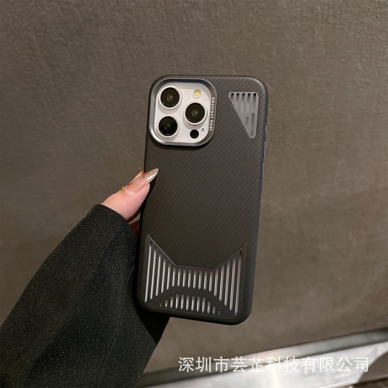 New Aluminum Alloy Heat Dissipation Hollow-out iPhone Case, Color: Black [carbon fiber aluminum gold heat sink], Model: Apple 15promax