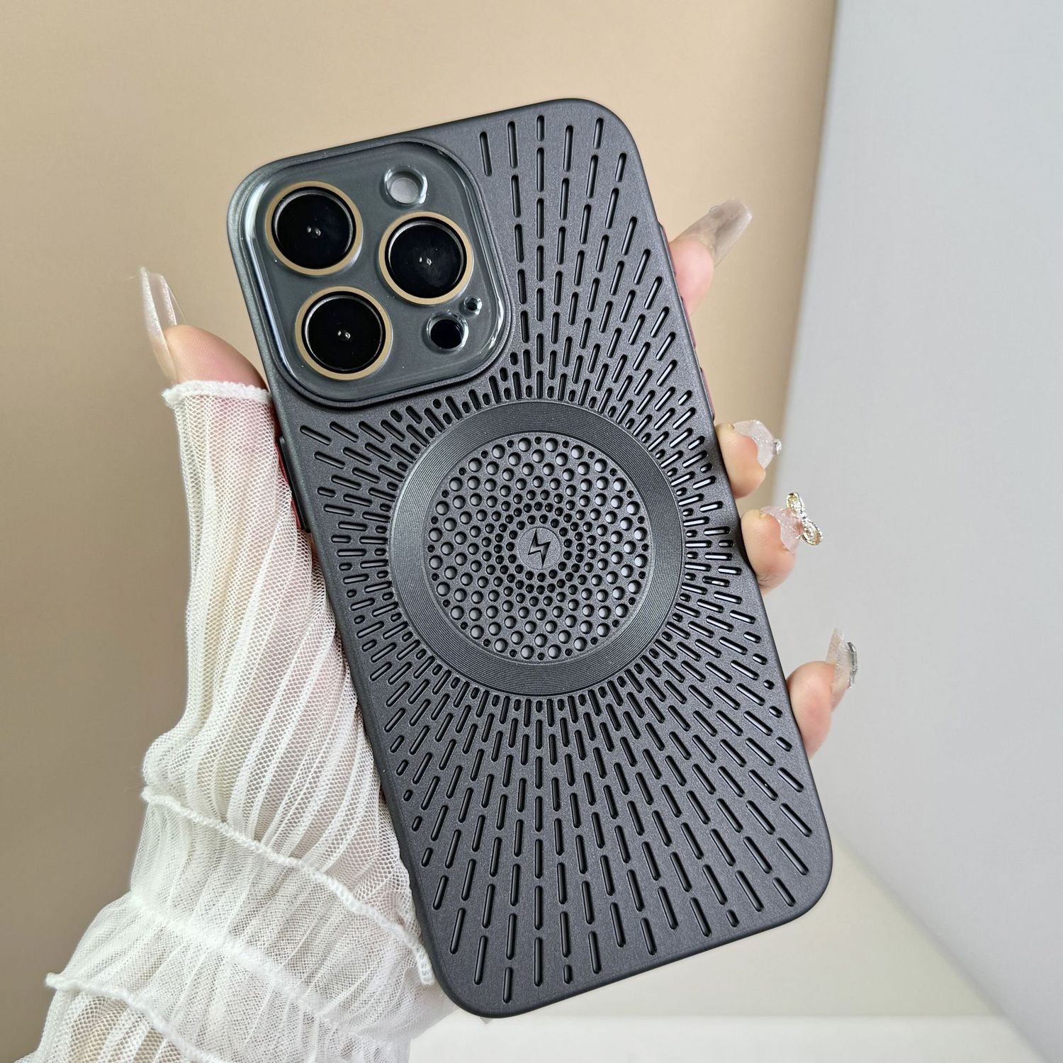 Breathable Heat Dissipation Mesh Magnetic Charging Skin Feeling iPhone Case, Color: Platinum black, Models: Iphone 15 pro max