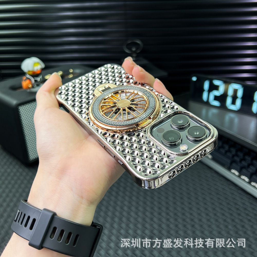 Heat Dissipation Honeycomb Hole Magnetic Gyro Bracket  iPhone Case, Color: Titanium gold, Models: Iphone15 pro max