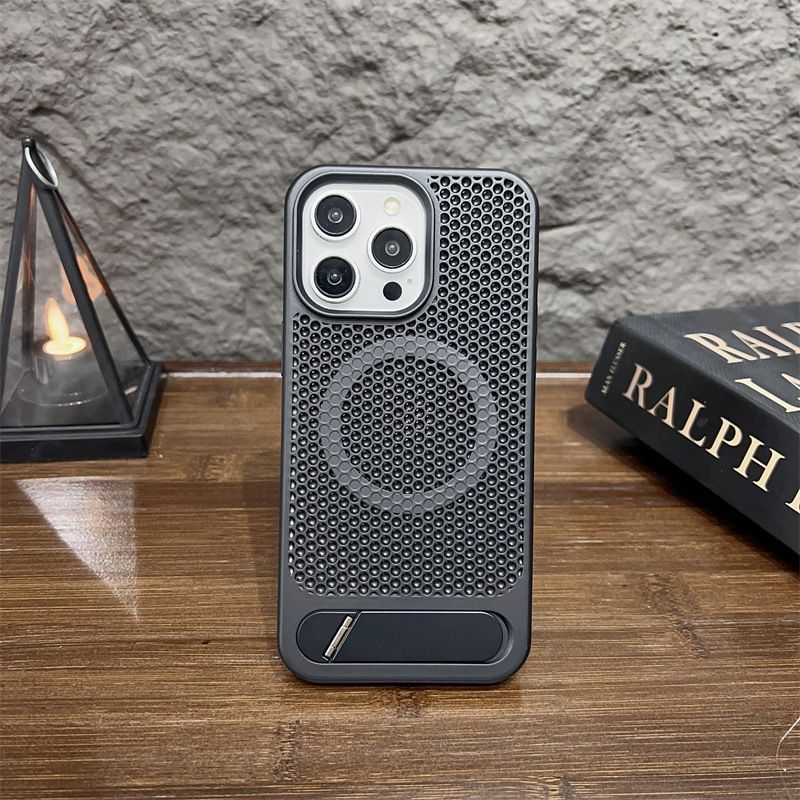 Mesh Heat Dissipation Metal Bracket Magnetic Electroplating iPhone Case, Color: Black, Model: Ip  16