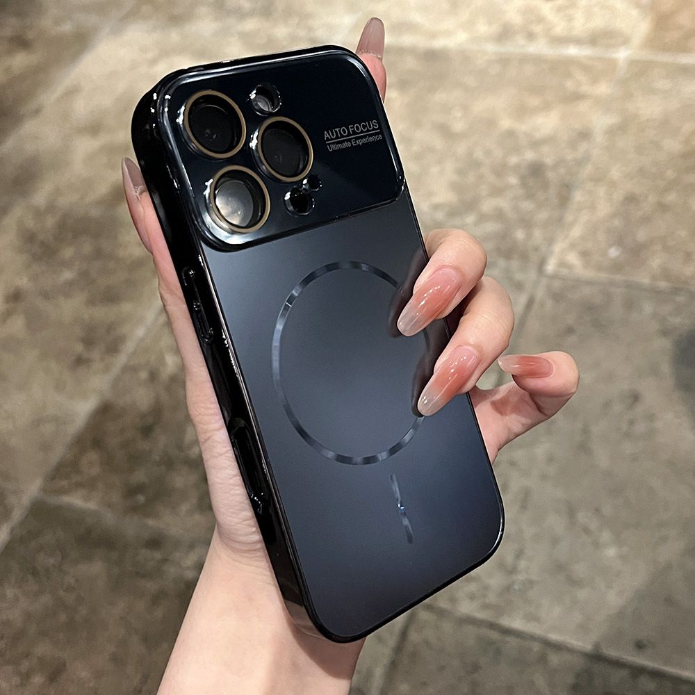 Magnetic Ring Large Window iPhone Case, Applicable Model: Iphone 16promax, Color: 【obsidian black】electroplating large window★all-inclusive mirror film thin circle magnetic absorption