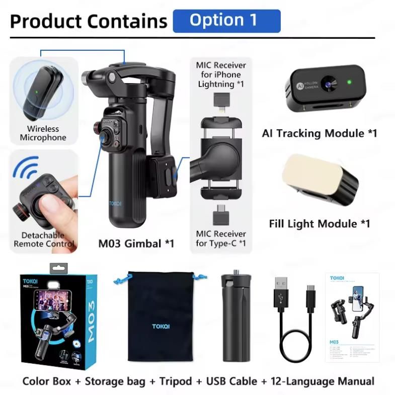 3-Axis Gimbal Stabilizer for Smartphone with Remote,AI Tracking,Fill Light,Wireless Mic &amp; Tripod,for iPhone Android TikTok Vlog., Model: Option 1