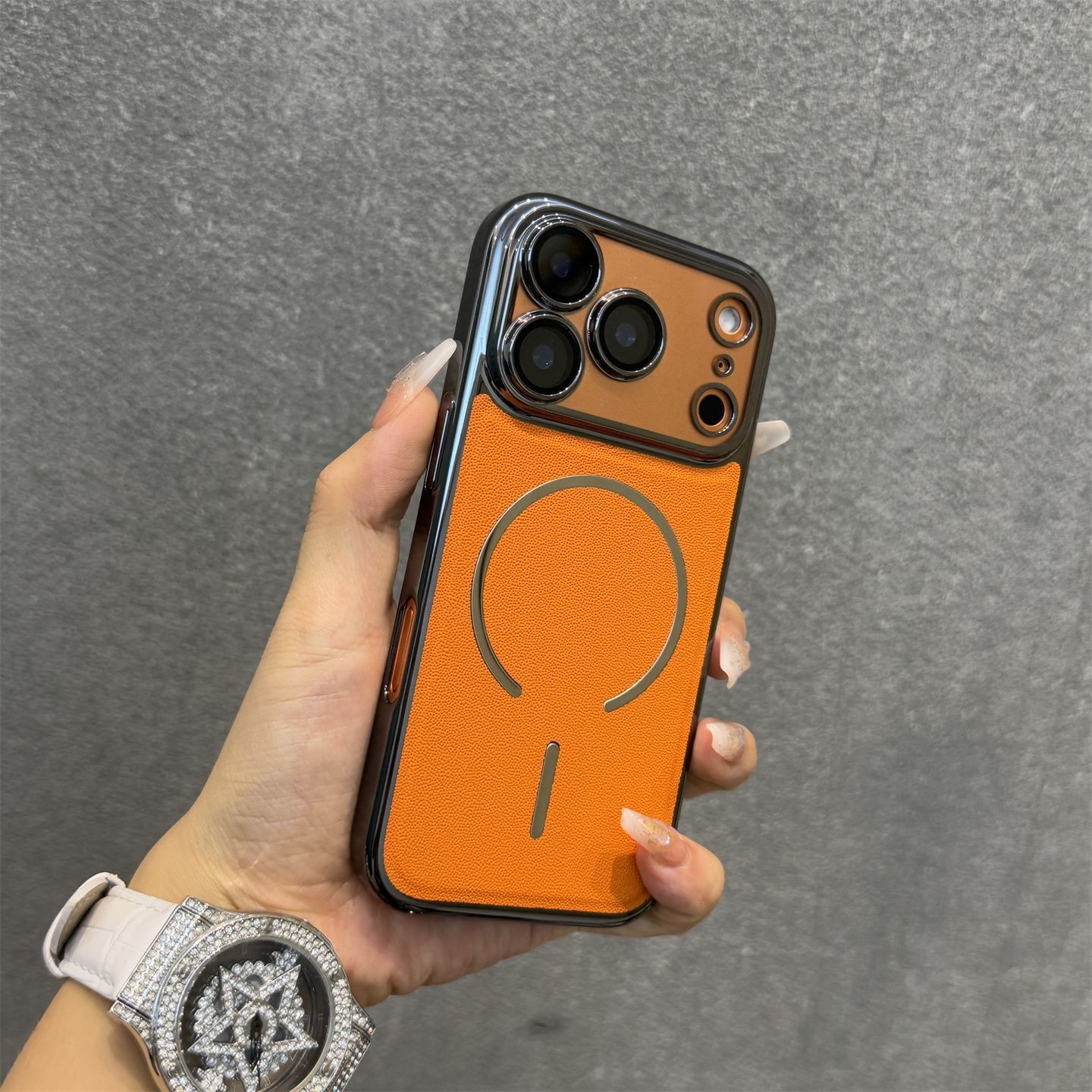 Electroplated Leather Pattern iPhone Case, Models: iPhone 17 Pro Max, Color: Orange