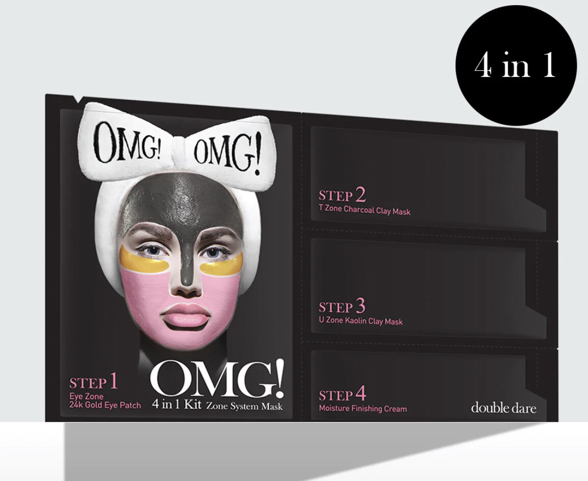 Double Dare OMG! 4in1 Kit Zone System Face Skincare Mask - Rejuvenating and Refreshing with 24k Gold, Charcoal and Kaolin Clay