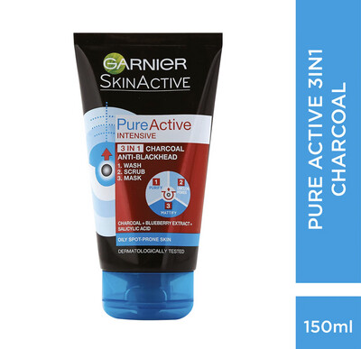 GARNIER - Pure Active 3-in-1 Charcoal Anti-Blackhead Mask, Wash & Scrub