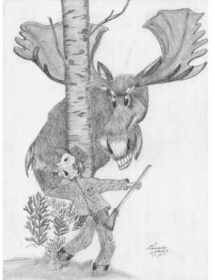 Hunter with Gun Moose behind the tree