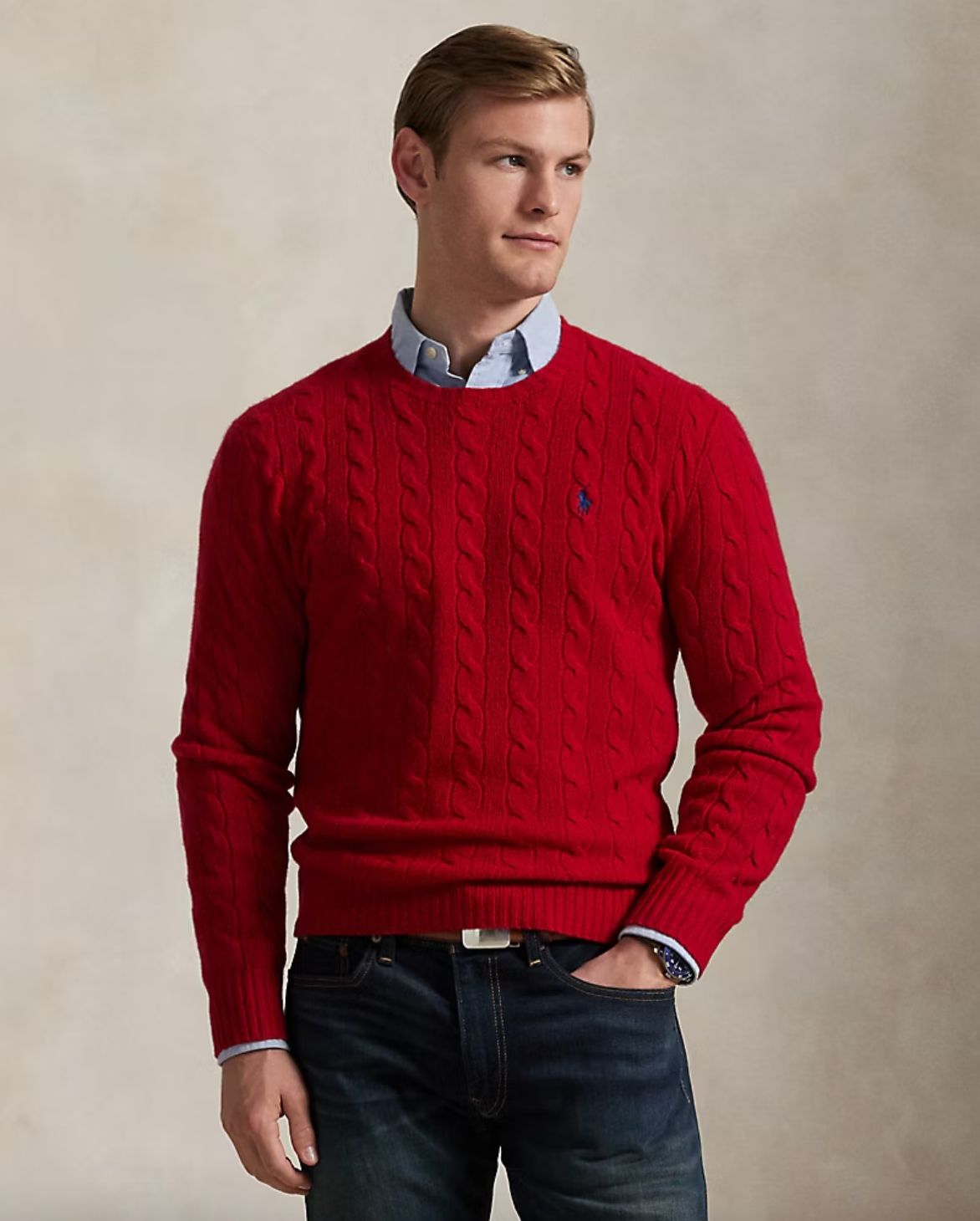 CABLE-KNIT WOOL-CASHMERE SWEATER ROUGE, Taille: S