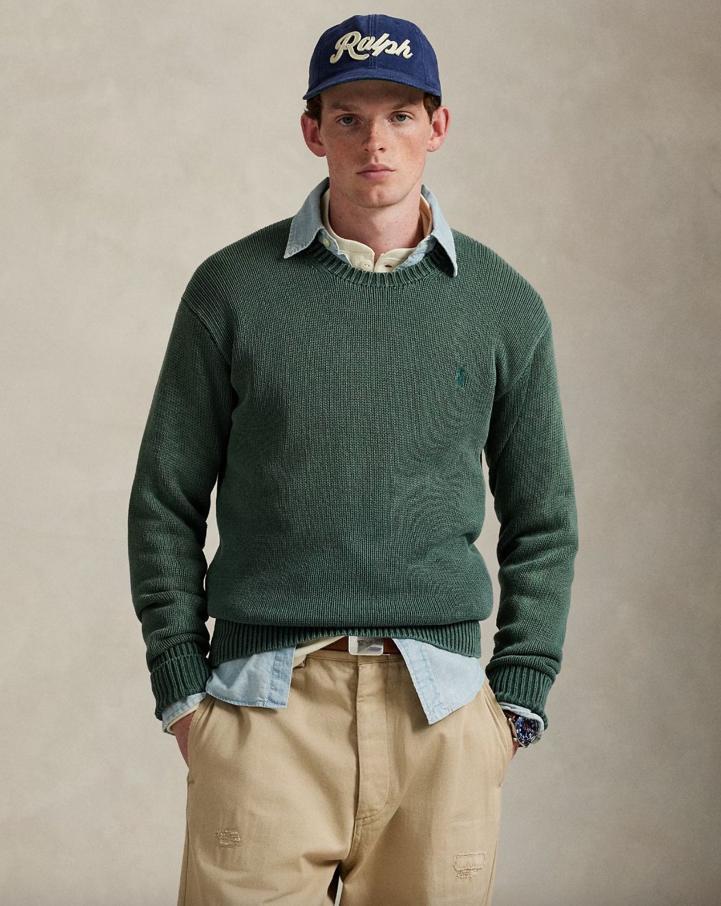 GARMENT-DYED COTTON SWEATER GREEN, Taille: XS