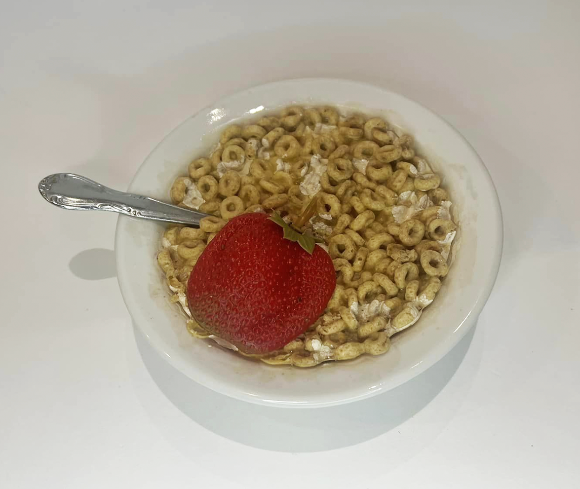 Faux Cereal Bowl with spoon and strawberry