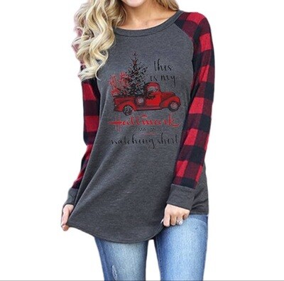 Women Christmas Truck Tree Shirt Plaid Retro Tops Blouse - S / Grey Red