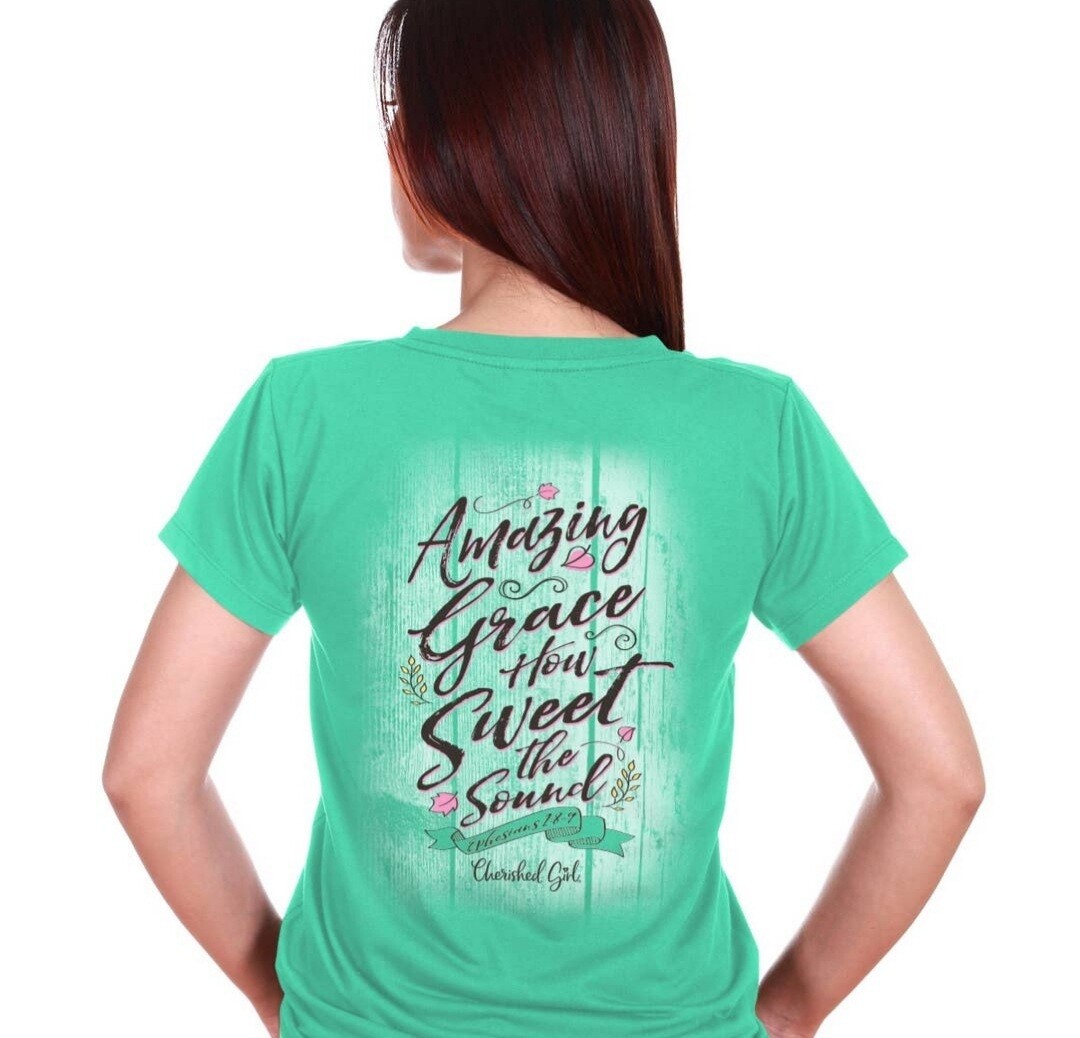 Cherished Girl Womens T-Shirt Amazing Grace Shiplap - Cool Mint / X-Large