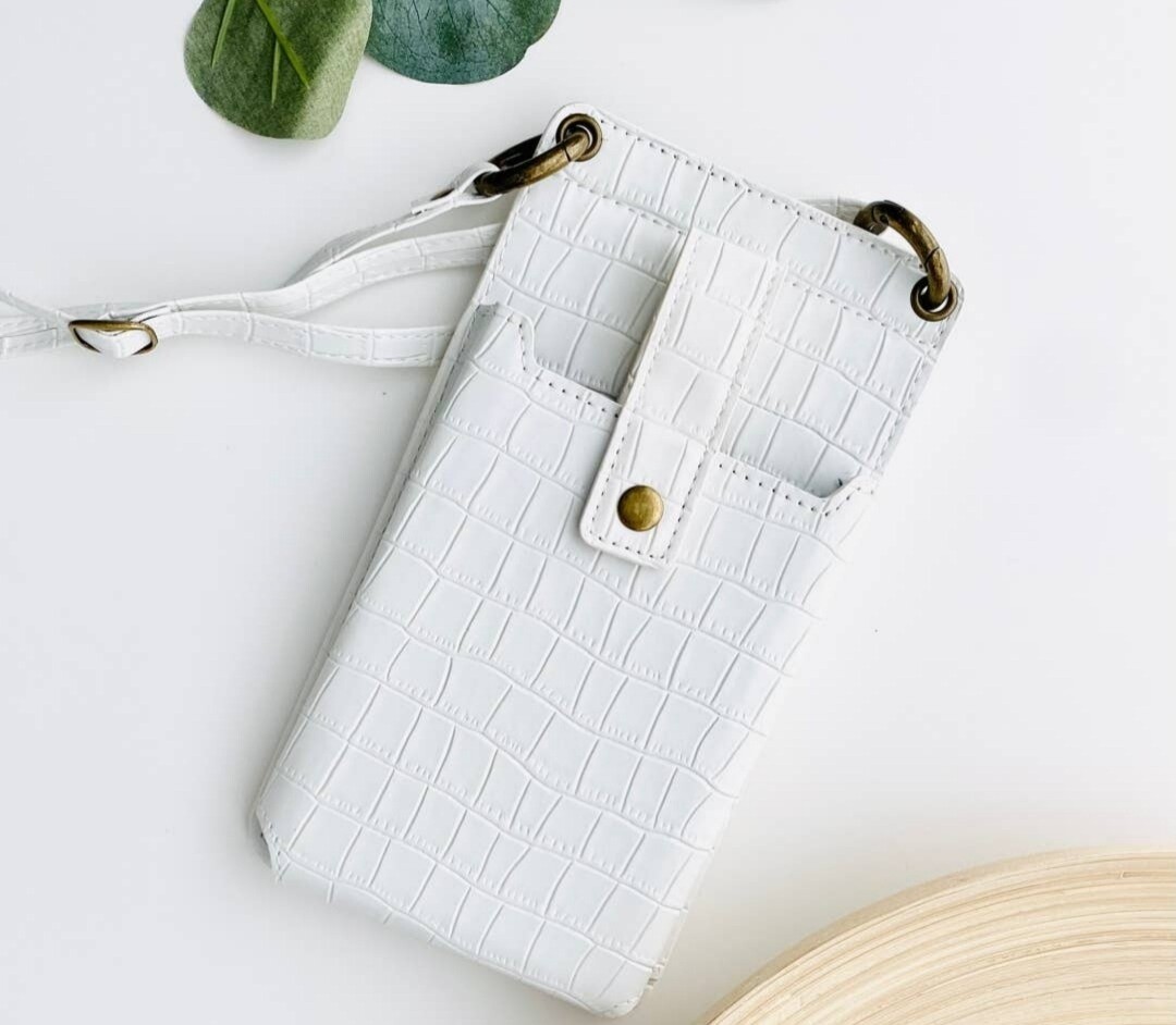 Croc Crossbody Phone Bag | Phone Carrier Wallet Pouch Purse - White Croc