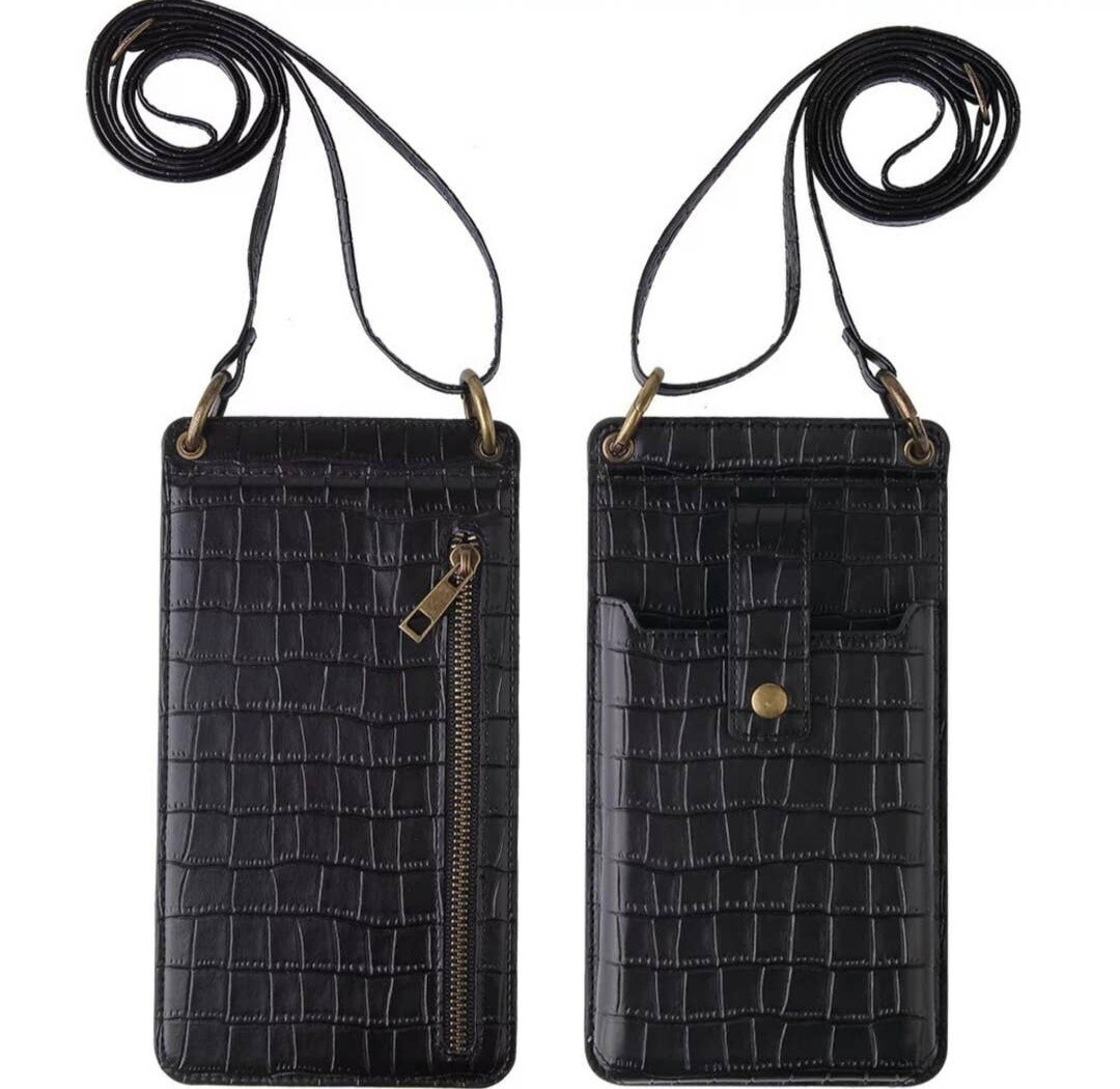 Croc Crossbody Phone Bag | Phone Carrier Wallet Pouch Purse - Black Croc