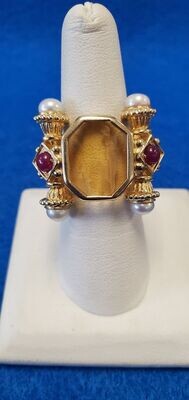 14kt Yellow Gold Custom Made Scroll Ladies Ring with Pearls Size 7