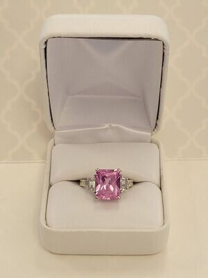 14kt White Gold Rectangle Pink Stone Ring w/ CZs Size 7 1/2