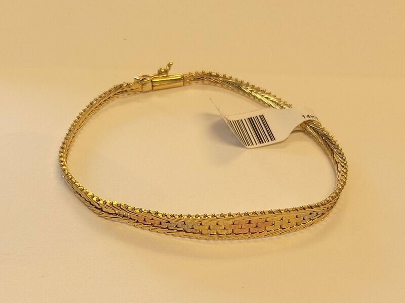 14kt Trigold 6 3/4" Weaved Design Ladies Bracelet