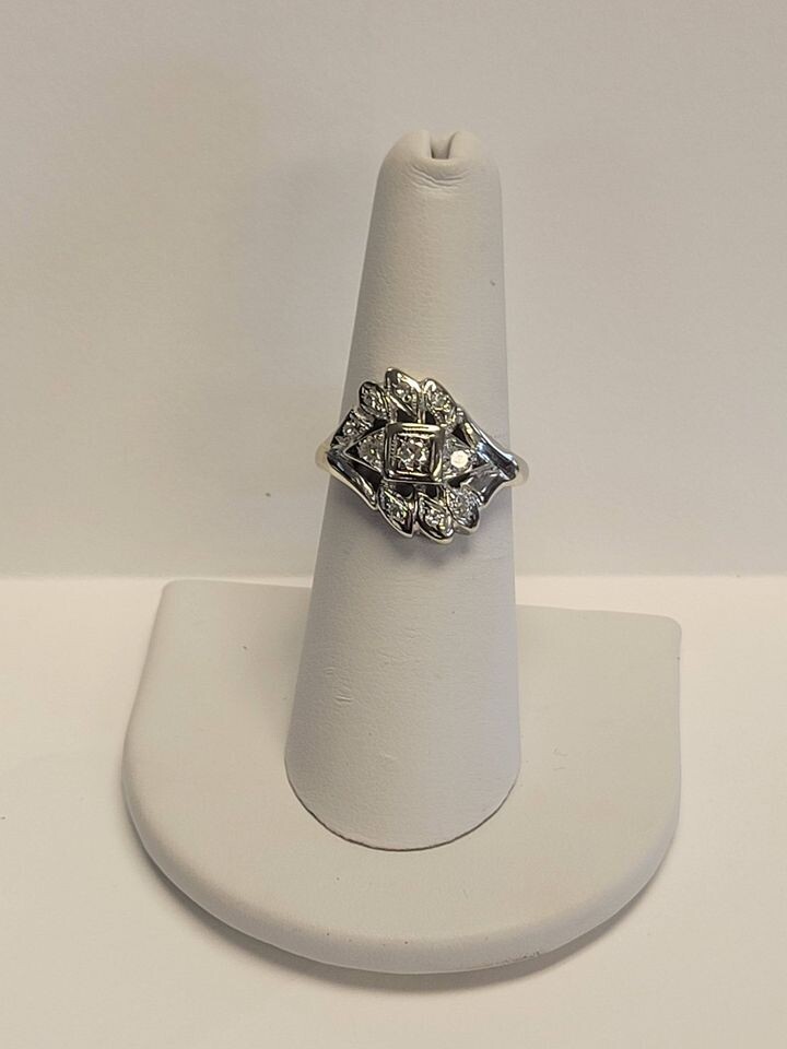 14kt White Gold Unique Diamond Cluster Ladies Ring Size 7 1/4 14kt White Gold Unique Diamond Cluster Ladies Ring Size 7 1/4