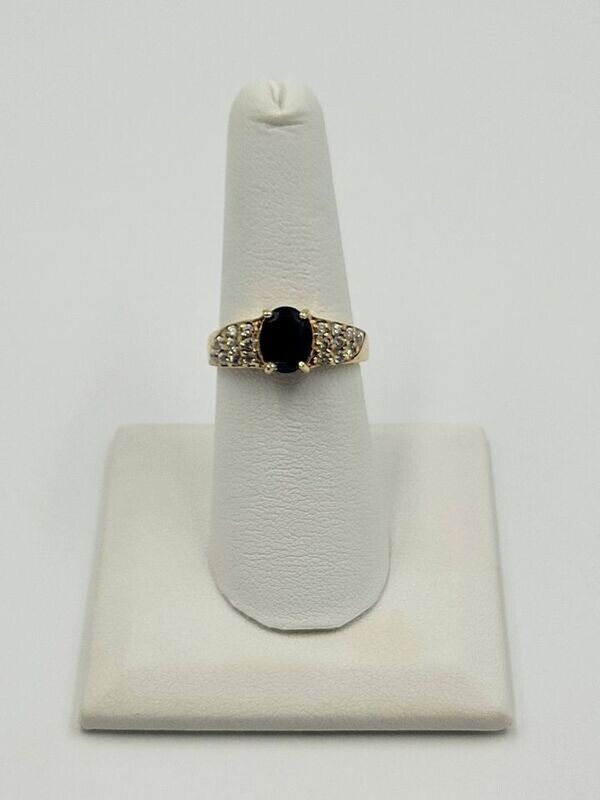 10kt Yellow Gold Oval Dark Blue Stone Ladies Ring w/ CZs Size 7