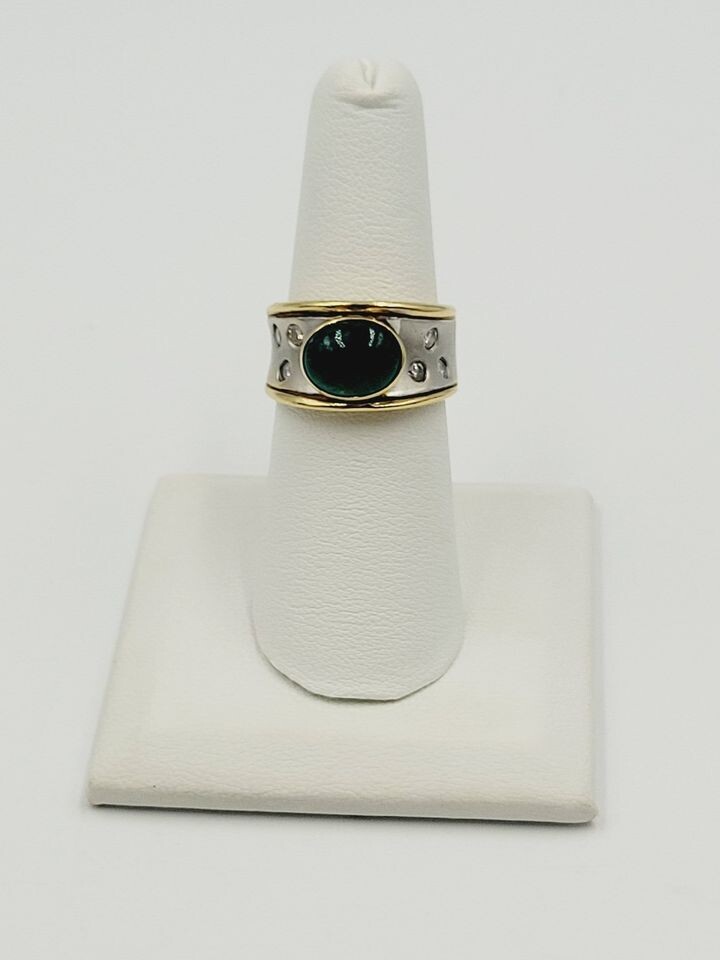 14kt Yellow & White Gold Oval Green Stone Ring w/ Diamond Accents Size 6 1/4