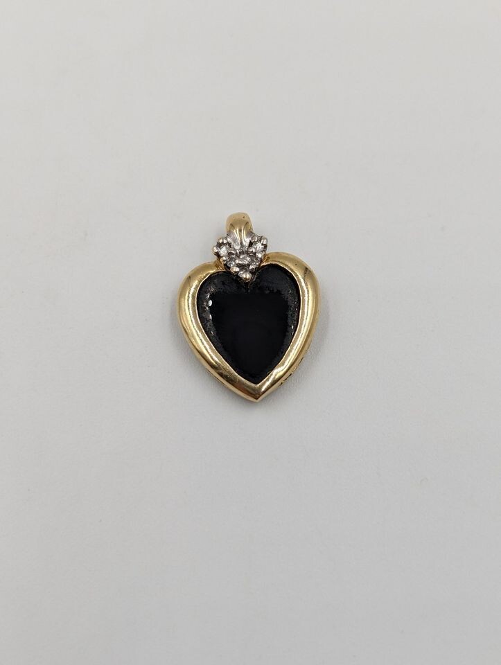 14kt Yellow Gold Small Onyx Heart Pendant w/ Small Diamond 14kt Yellow Gold Small Onyx Heart Pendant w/ Small Diamond
