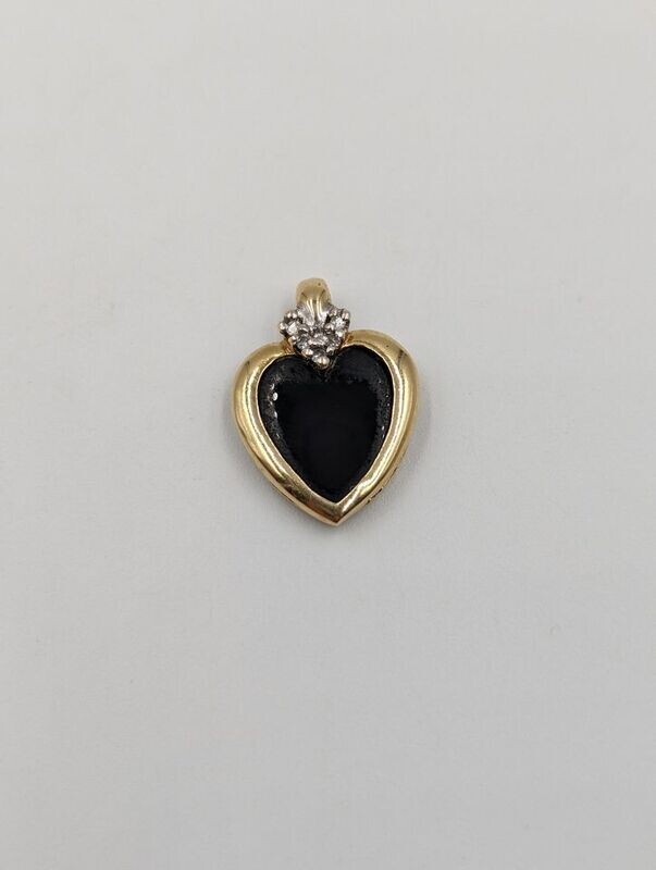 14kt Yellow Gold Small Onyx Heart Pendant w/ Small Diamond