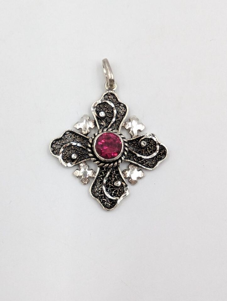 Sterling Silver Cross Style Marcasite Pendant w/ Red Stone