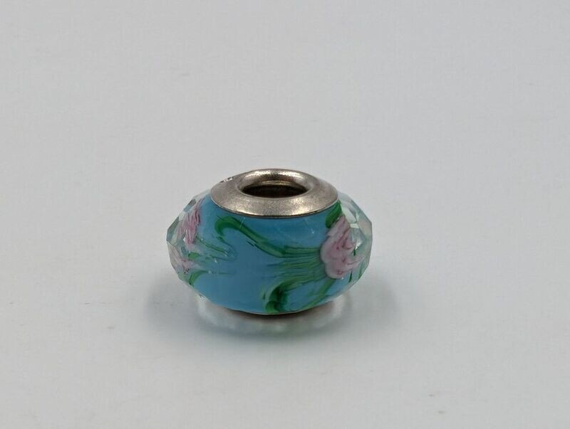 Sterling Silver Glass Bead Charm Blue w/ Pink Flowers