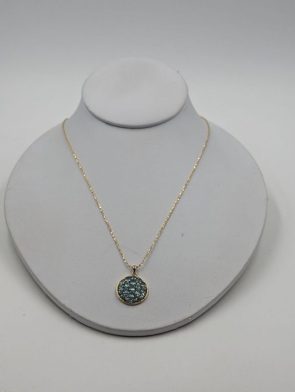 14kt Yellow Gold 18" Necklace w/ Round Light Blue Stone Pendant
