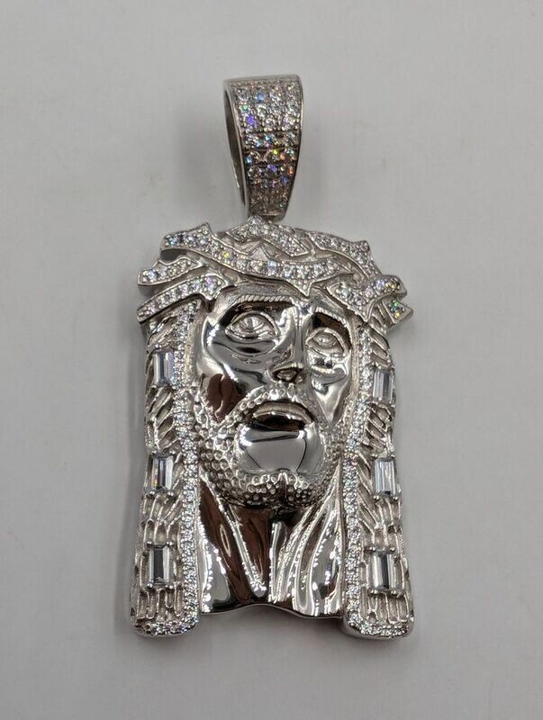 Sterling Silver Large Jesus Head Pendant w/ CZs