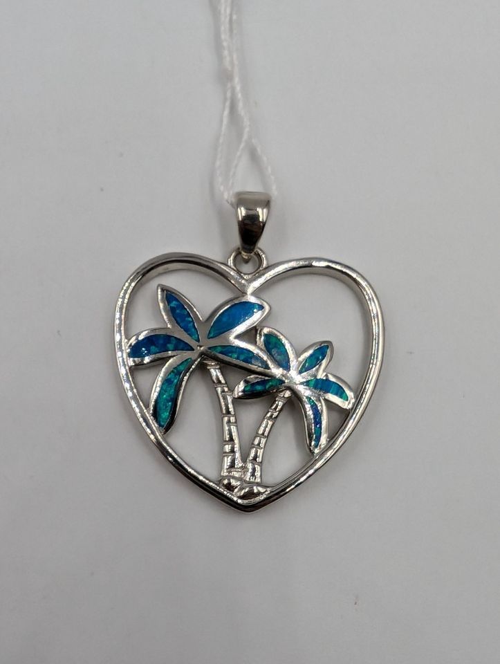 Sterling Silver Blue Opal Palm Tree Heart Pendant