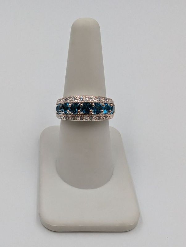 Sterling Silver w/ Rose Tone Multi Blue Stone & CZ Band Ring Size 8