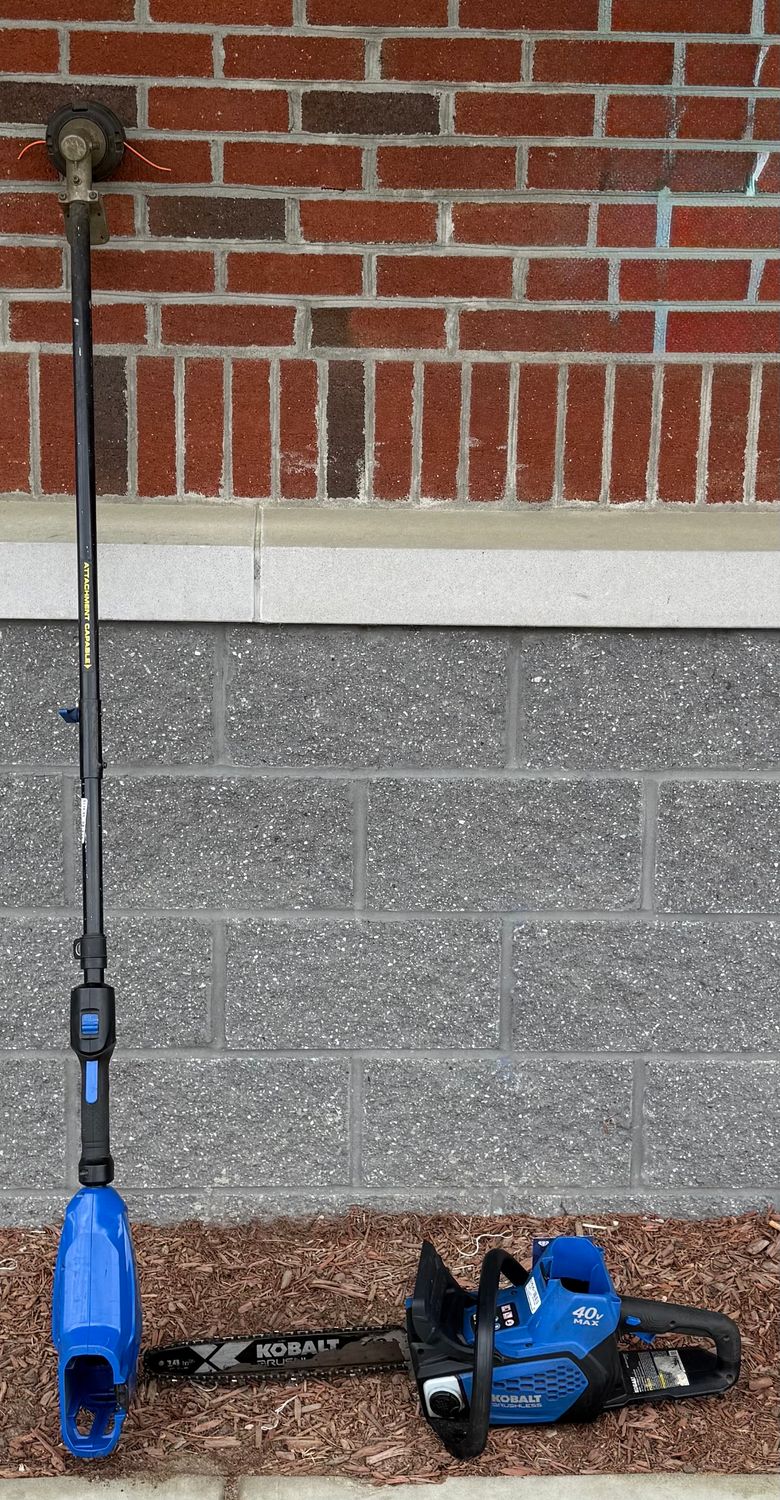 KOBALT Tools Battery Powered Chainsaw & Lawn Trimmer Combo KOBALT Tools Battery Powered Chainsaw & Lawn Trimmer Combo