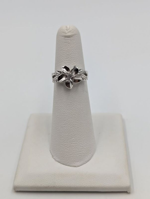 Sterling Silver Plumeria Flower Ring w/ CZ Size 5