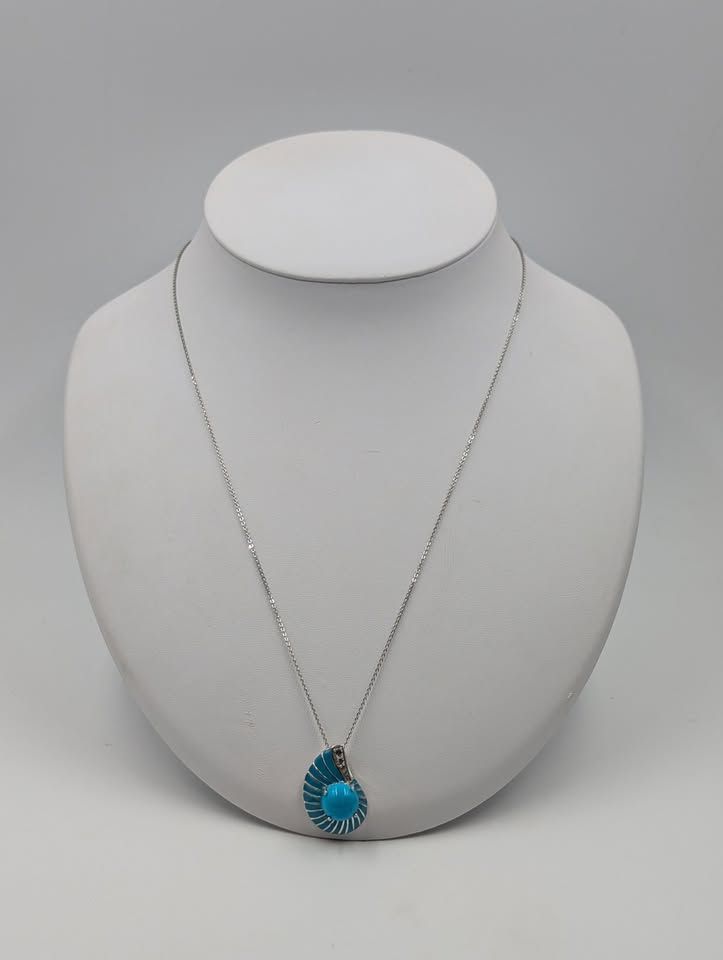 D'Joy Sterling Silver Turquoise Shell Necklace w/ 4 Small Diamonds D'Joy Sterling Silver Turquoise Shell Necklace w/ 4 Small Diamonds
