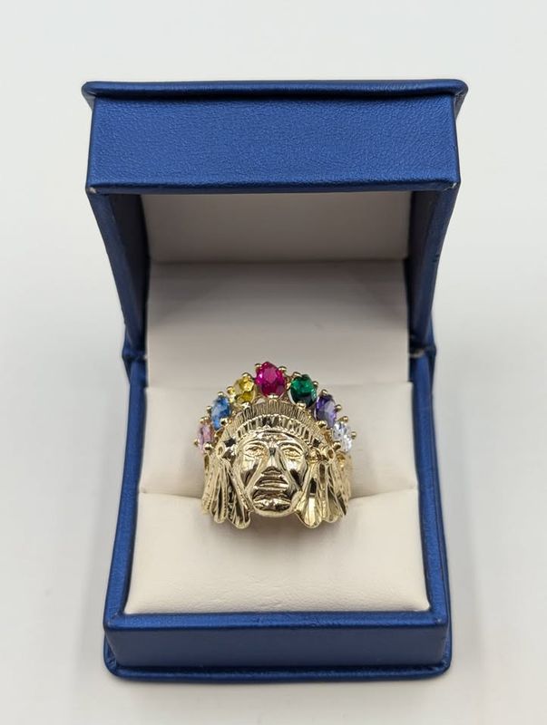 10kt Yellow Gold Indian Head Chief Ring w/ Multi Colored Stones Size 11 1/2