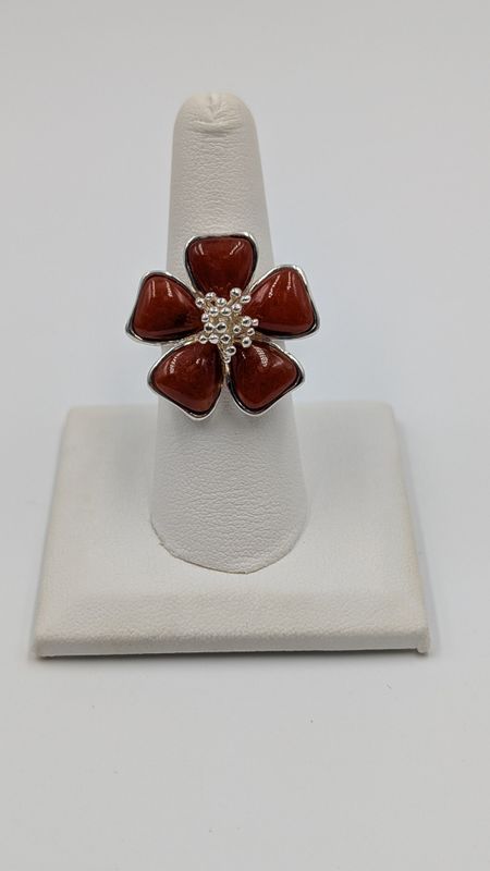 Sterling Silver Large Red Enamel Flower Ring Size 7