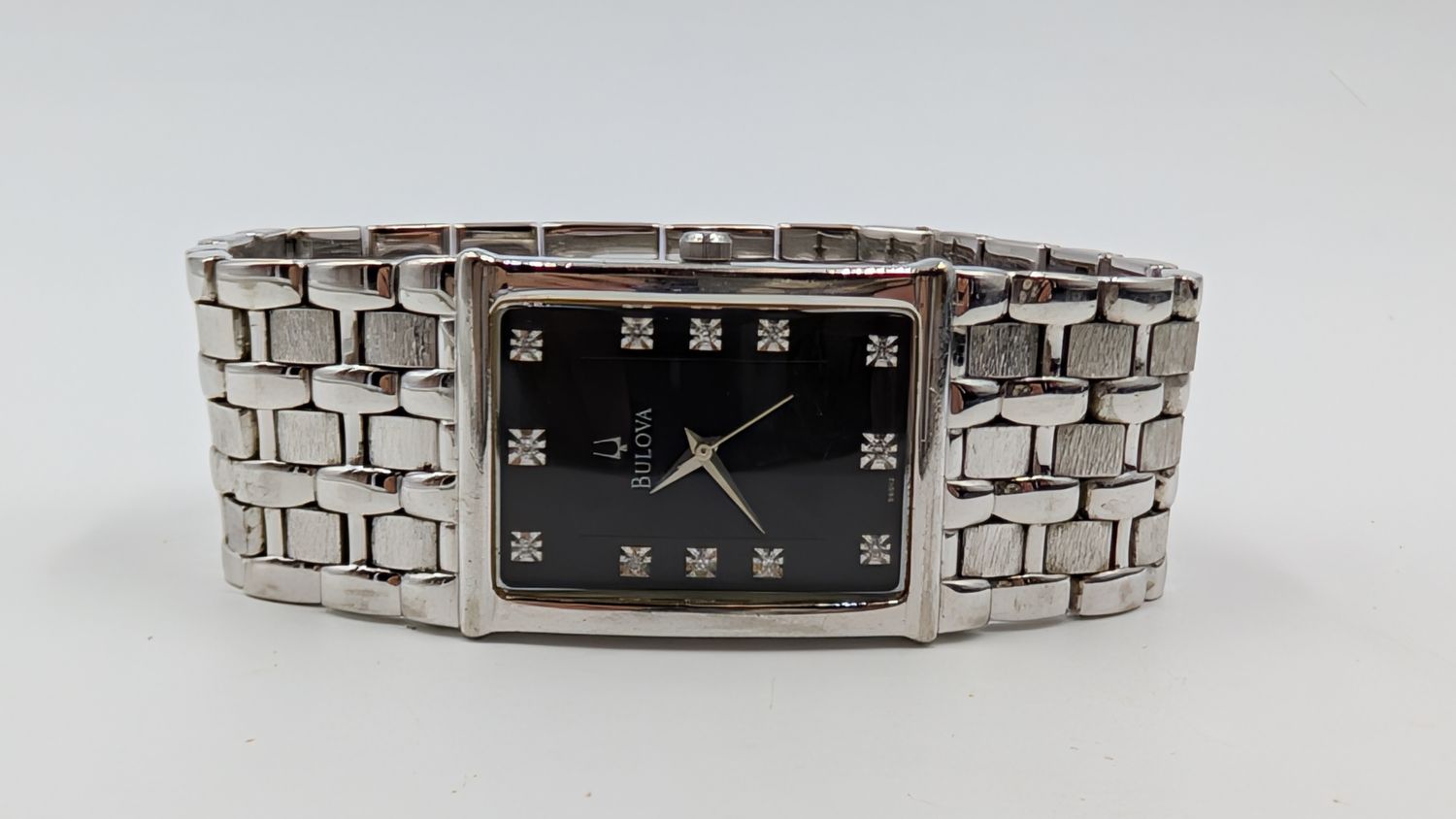 Bulova A7 Mens Diamond Accented Watch Black Dial Stainless C860466