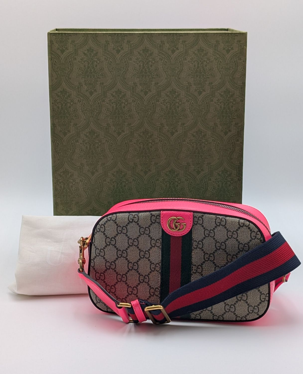 Gucci Ophidia GG Small Crossbody Bag w/ Pink Trim