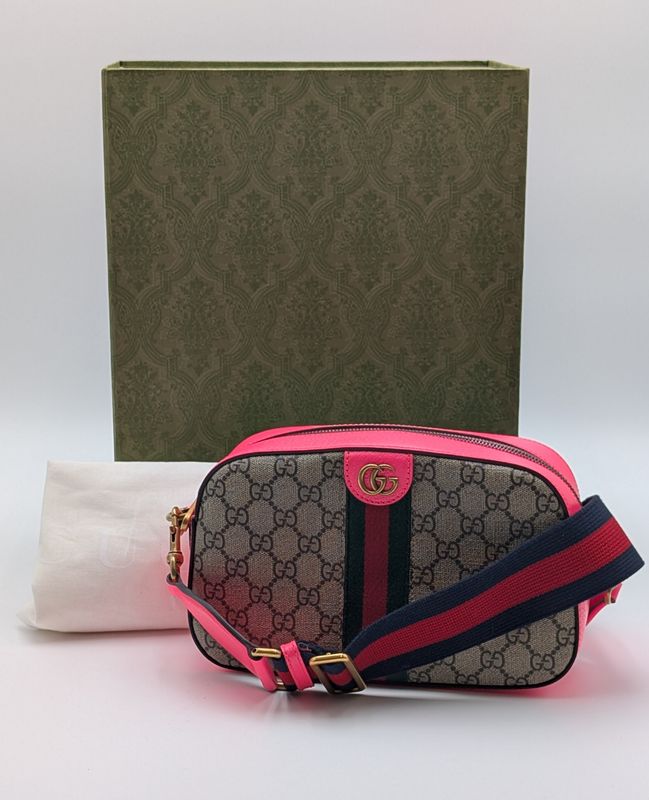 Gucci Ophidia GG Small Crossbody Bag w/ Pink Trim