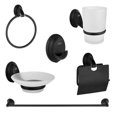 طقم اكسسوارات حمام 6 قطع DR-3100-B صبانة وراقة وكأس فرش أسنان بالحامل و فواطة دائرية و علاقة مفردة و فواطة مستطيلة اللون أسود مستورد من دريم