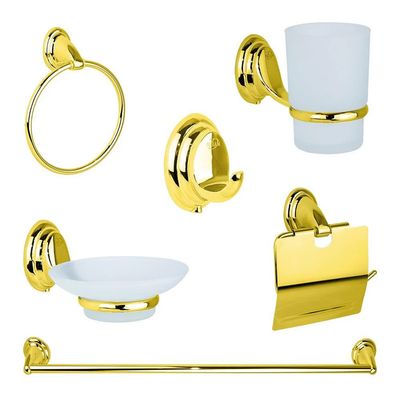 طقم اكسسوارات حمام 6 قطع DR-3100-G صبانة وراقة وكأس فرش أسنان بالحامل و فواطة دائرية و علاقة مفردة و فواطة مستطيلة اللون ذهبى مستورد من دريم