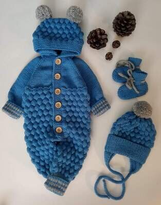 blue Baby  jumper set hand knitted knit hoodie beanie footie