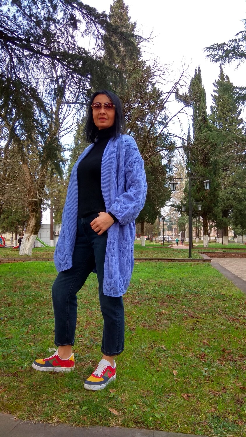 blue women hand knitted knit wool cardigan sweater jacket