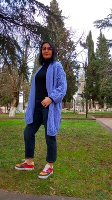 blue women hand knitted knit wool cardigan sweater jacket